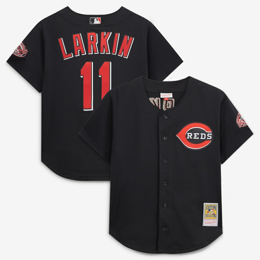 Barry Larkin Cincinnati Reds Cooperstown Collection Mesh Batting Practice Button-Up Jersey - Black