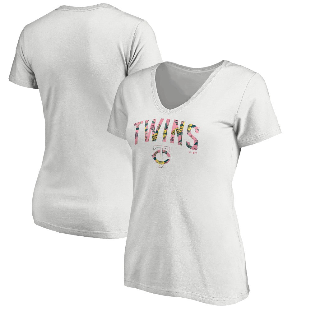 Minnesota Twins Women's Floral Arched Logo V-Neck T-Shirt White