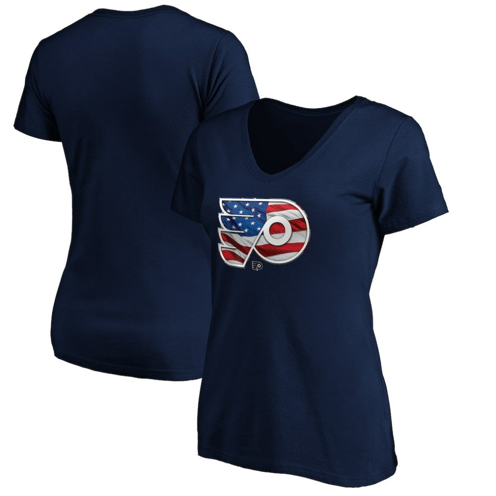 Philadelphia Flyers Women's Banner Wave Logo V-Neck T-Shirt T-Shirt Navy