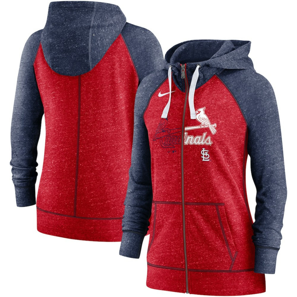 St. Louis Cardinals Women's Split Wordmark Gym Vintage Raglan Lightweight Full-Zip Hoodie Heather Red/Heather Navy | Nike