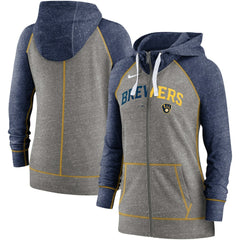 Milwaukee Brewers Women's Split Wordmark Gym Vintage Raglan Lightweight Full-Zip Hoodie Heather Charcoal/Heather Navy | Nike
