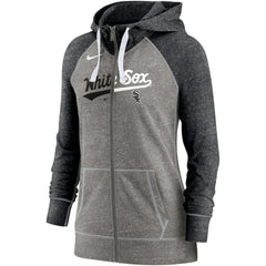 Chicago White Sox Women's Split Wordmark Gym Vintage Raglan Lightweight Full-Zip Hoodie Heather Charcoal/Heather Black | Nike
