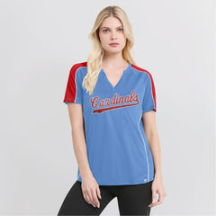 St. Louis Cardinals Women's Light Blue/Red True Classic League Diva Pinstripe Raglan V-Neck T-Shirt