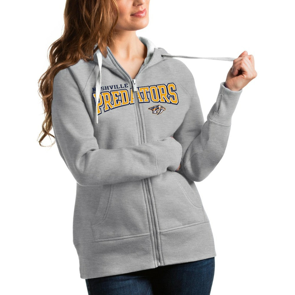 Nashville Predators Antigua Women's Wordmark Victory Full-Zip Hoodie Heathered Gray