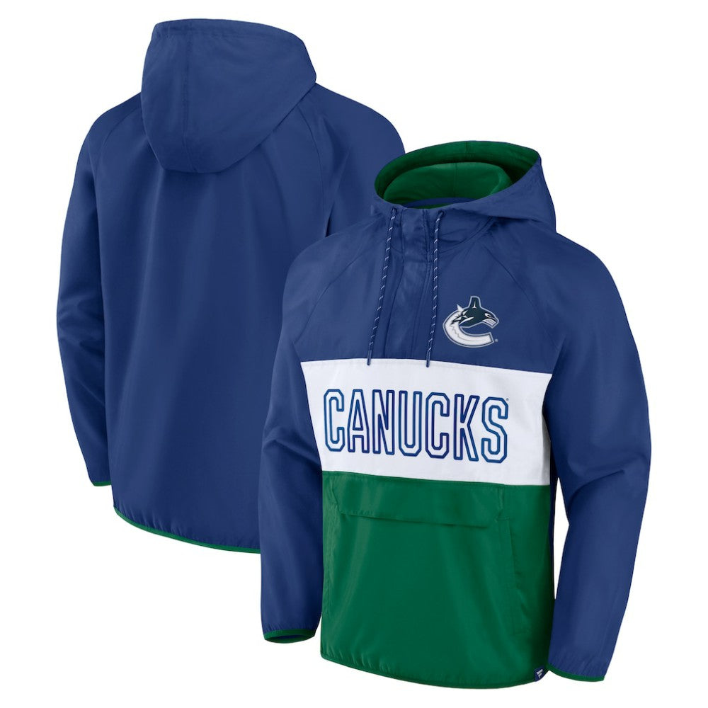 Vancouver Canucks Fanatics Backhand Shooter Defender Anorak Raglan Hoodie Quarter-Zip Jacket Blue/Green
