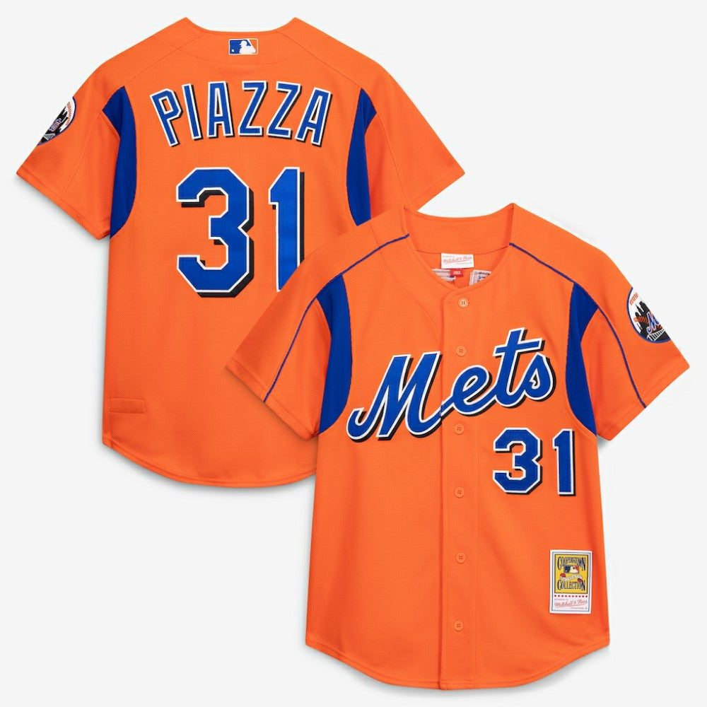 Mike Piazza New York Mets Cooperstown Collection Mesh Batting Practice Button-Up Jersey Orange | Mitchell & Ness
