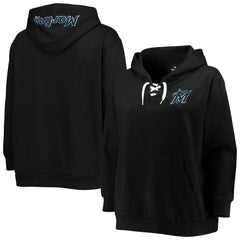 Miami Marlins Women's Plus Size Lace-Up V-Neck Pullover Hoodie Black