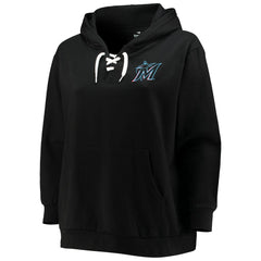 Miami Marlins Women's Plus Size Lace-Up V-Neck Pullover Hoodie Black