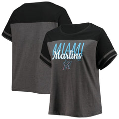 Miami Marlins Women's Plus Size Colorblock T-Shirt Heathered Charcoal/Black