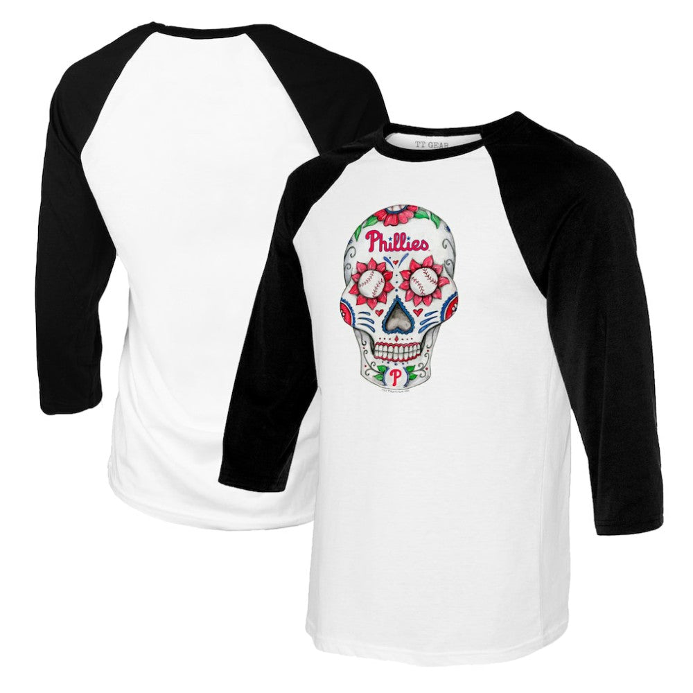 Philadelphia Phillies Tiny Turnip Women's Sugar Skull 3/4-Sleeve Raglan T-Shirt White/Black