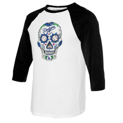 Los Angeles Dodgers Tiny Turnip Youth Sugar Skull Raglan 3/4 Sleeve T-Shirt White/Black