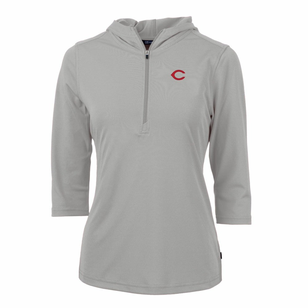 Cincinnati Reds Cutter & Buck Women's Virtue Eco Pique 3/4 Sleeve Half-Zip Pullover Hoodie Gray