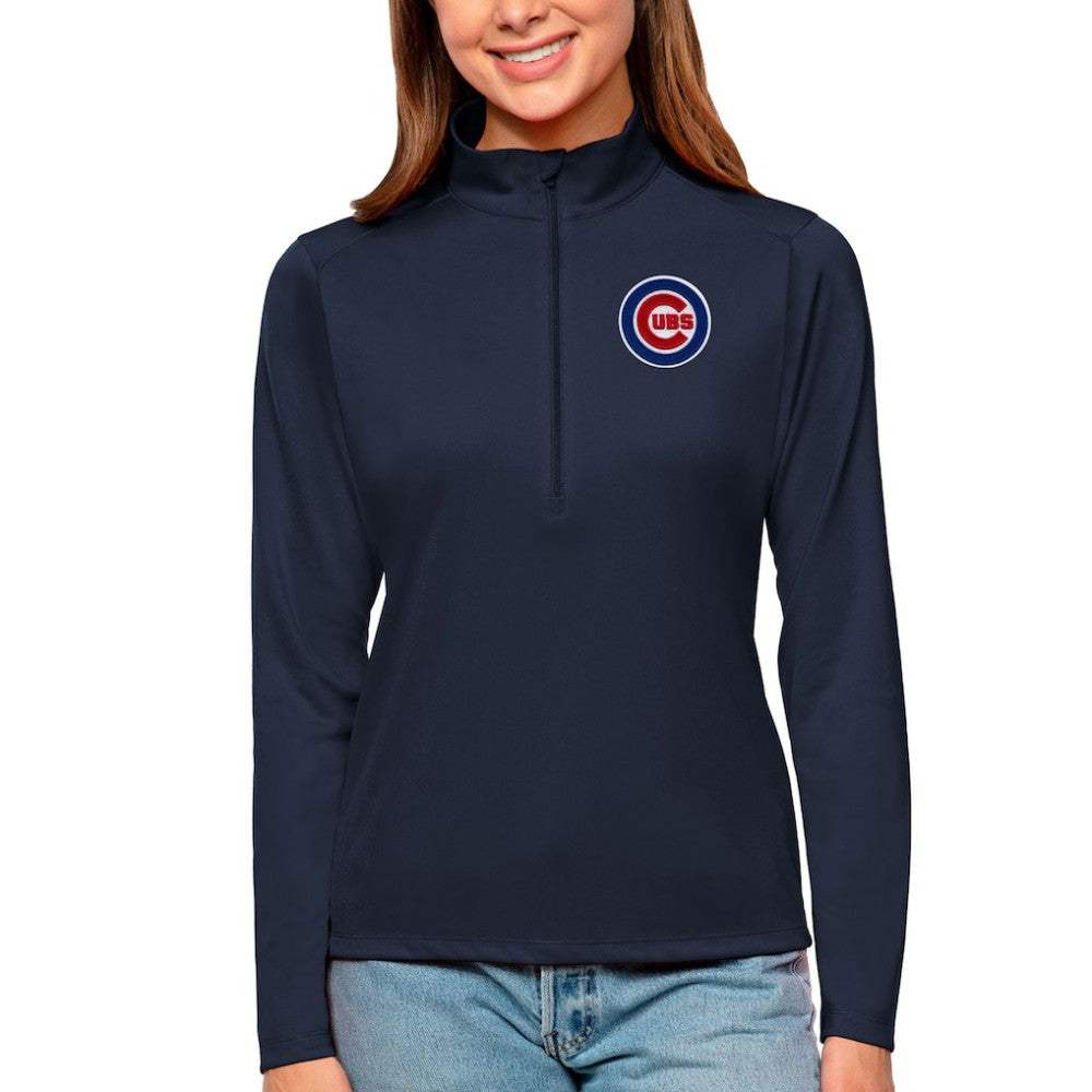 Chicago Cubs Antigua Women's Tribute Quarter-Zip Pullover Top Navy