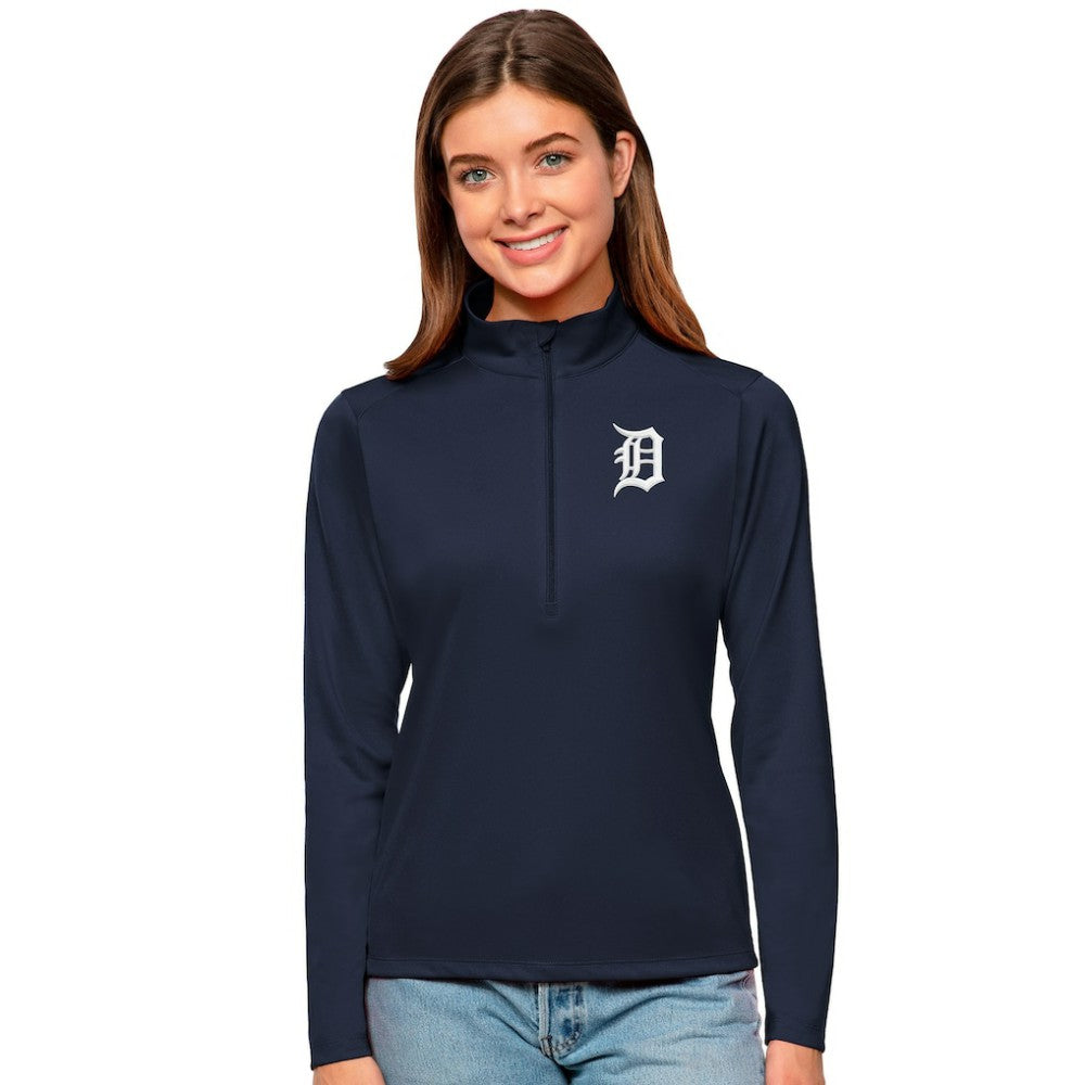 Detroit Tigers Antigua Women's Tribute Quarter-Zip Pullover Top Navy