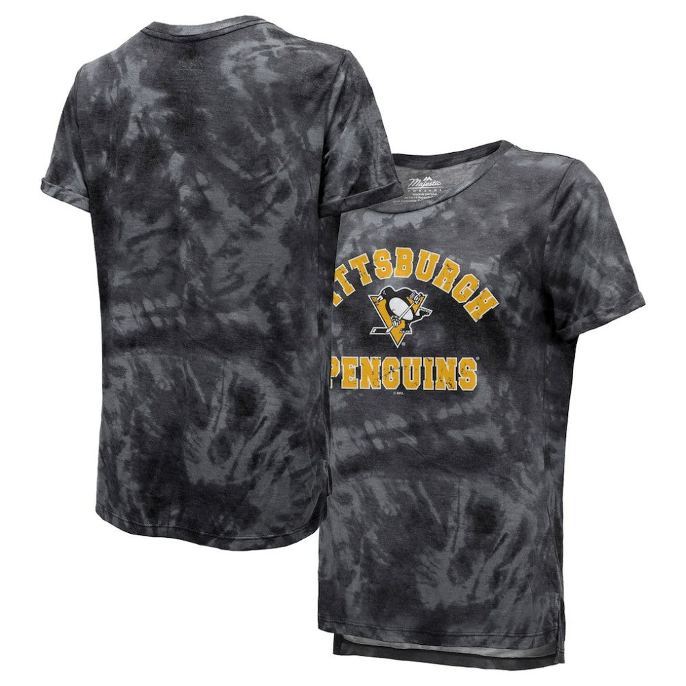Pittsburgh Penguins Majestic Threads Women's Boyfriend Tie-Dye Tri-Blend T-Shirt Black