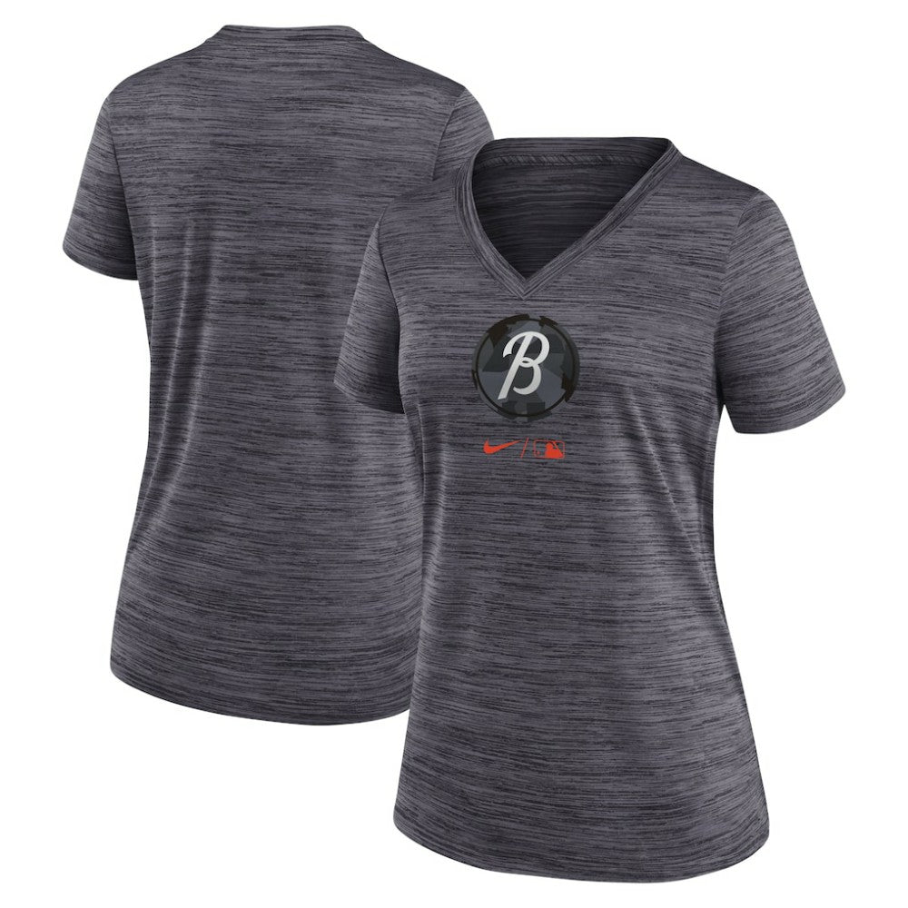 Baltimore Orioles Women's City Connect Velocity Practice Performance V-Neck T-Shirt Black | Nike