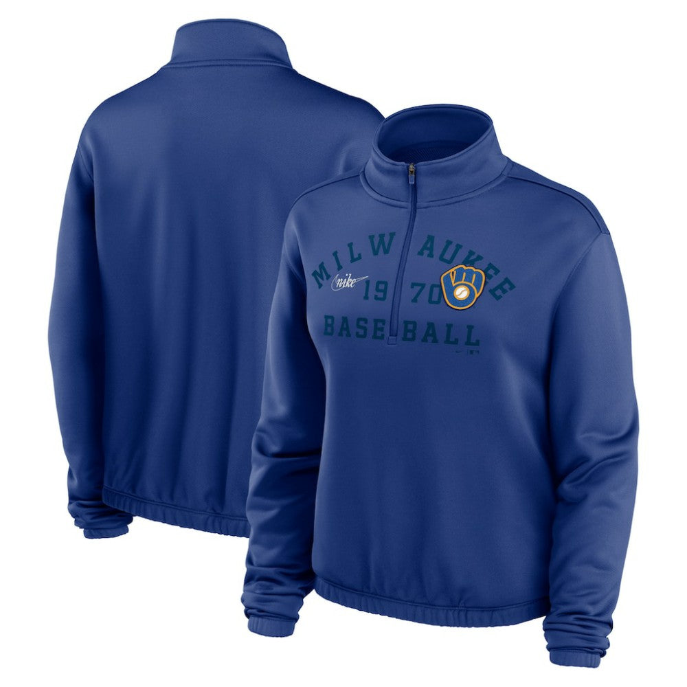 Milwaukee Brewers Women's Rewind Splice Half-Zip Semi-Cropped Bubble Hem Sweatshirt Royal | Nike