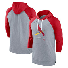 St. Louis Cardinals Baseball Raglan 3/4-Sleeve Pullover Hoodie Heather Gray/Heather Red | Nike