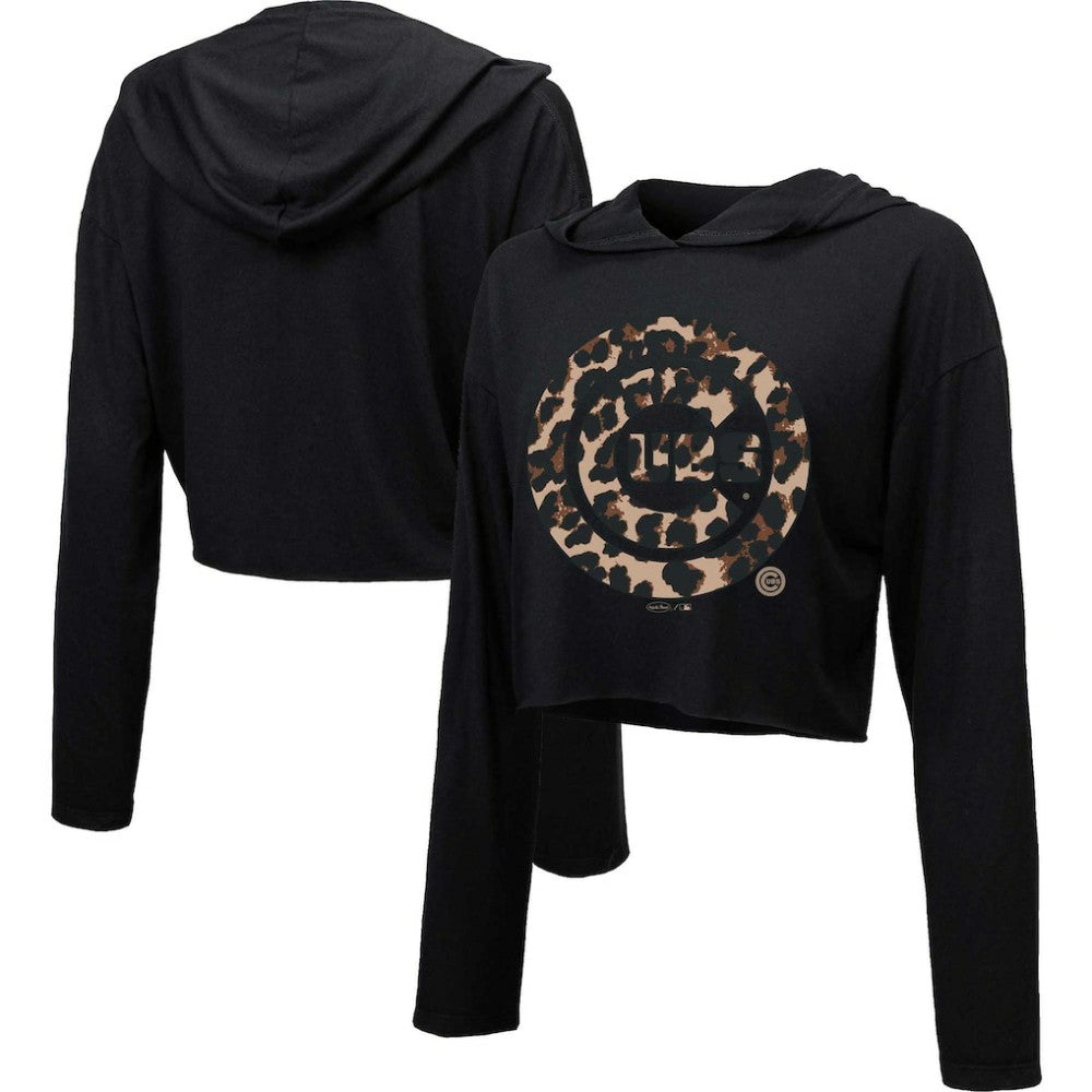 Chicago Cubs Majestic Threads Women's Leopard Cropped Hoodie Black