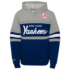 New York Yankees Youth Cooperstown Collection Head Coach Pullover Hoodie Heather Gray/Navy | Mitchell & Ness