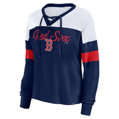 Boston Red Sox Women's Even Match Lace-Up Long Sleeve V-Neck T-Shirt Navy/White