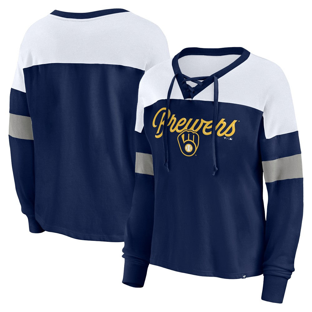 Milwaukee Brewers Women's Even Match Lace-Up Long Sleeve V-Neck T-Shirt Navy/White