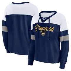 Milwaukee Brewers Women's Even Match Lace-Up Long Sleeve V-Neck T-Shirt Navy/White