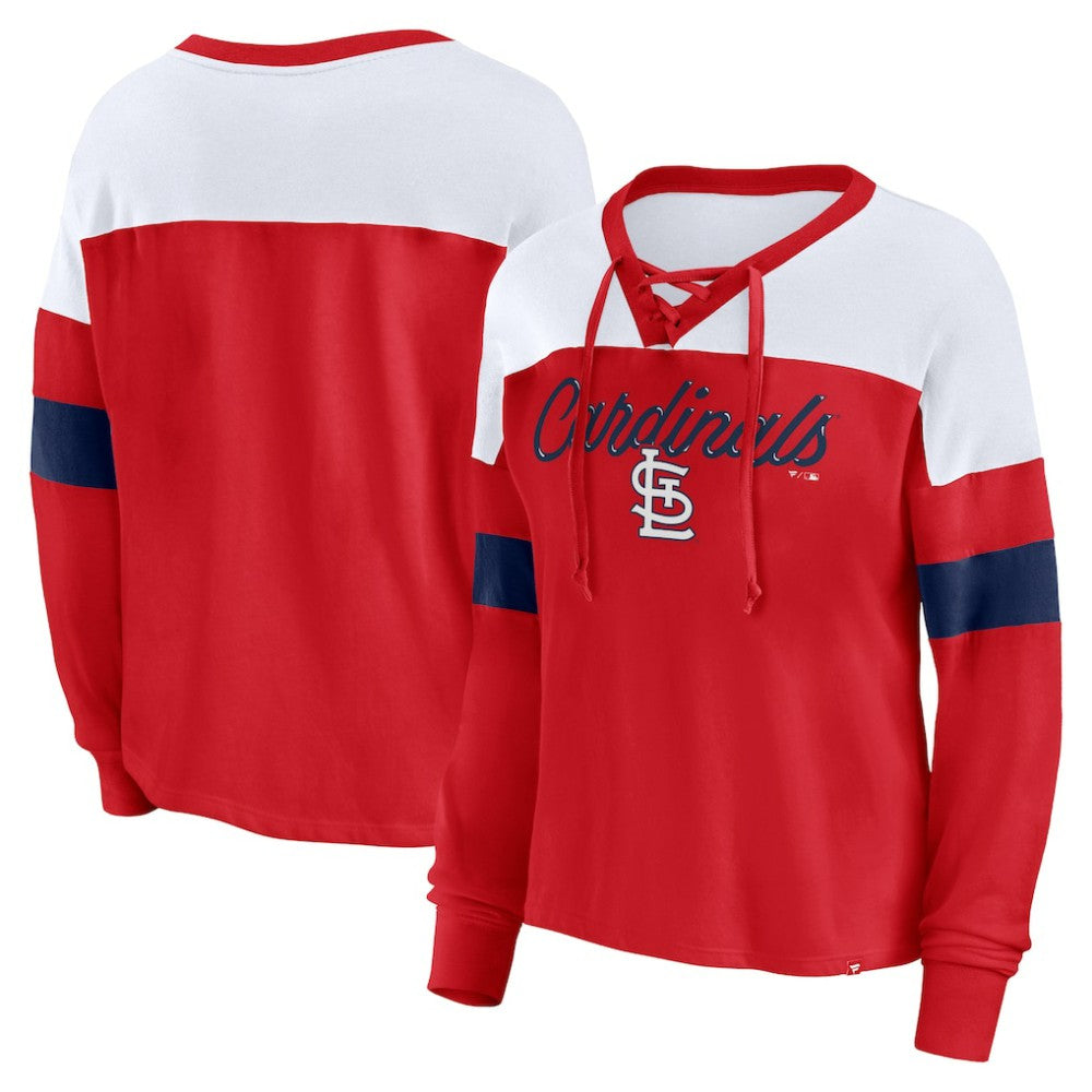 St. Louis Cardinals Women's Even Match Lace-Up Long Sleeve V-Neck T-Shirt Red/White