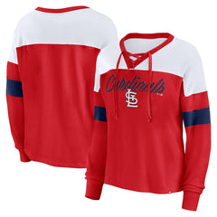St. Louis Cardinals Women's Even Match Lace-Up Long Sleeve V-Neck T-Shirt Red/White