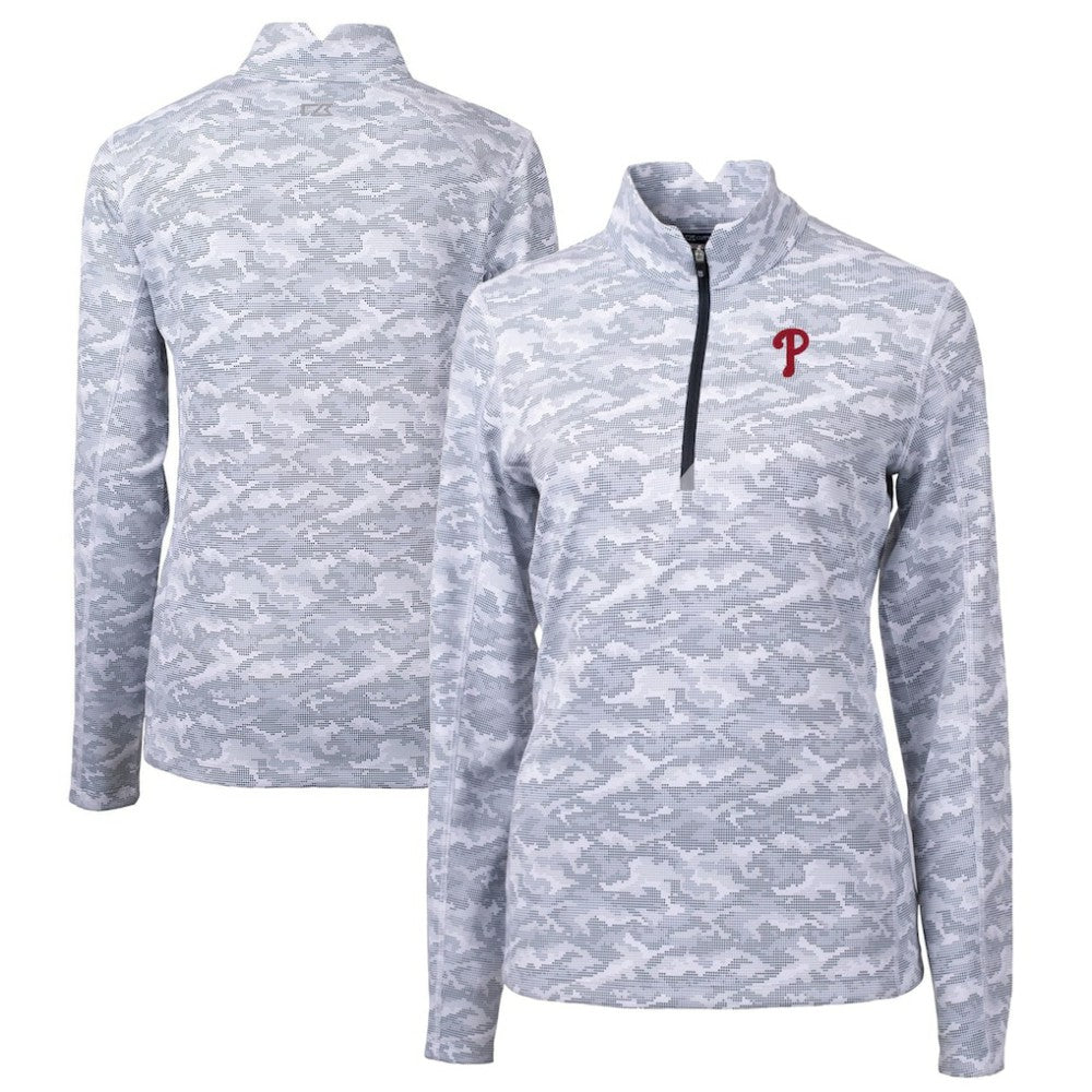 Philadelphia Phillies Cutter & Buck Women's Traverse Camo Print Stretch Quarter-Zip Pullover Top Charcoal
