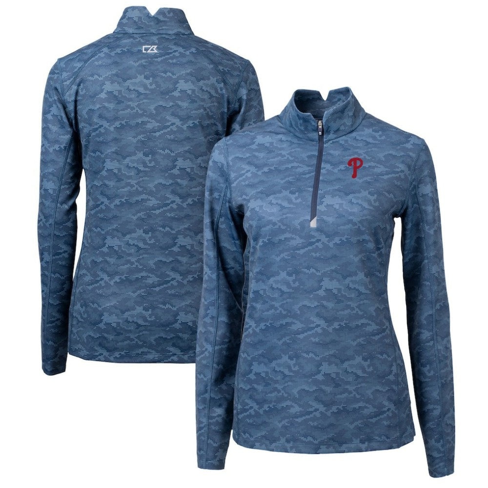 Philadelphia Phillies Cutter & Buck Women's Traverse Camo Print Stretch Quarter-Zip Pullover Top Navy