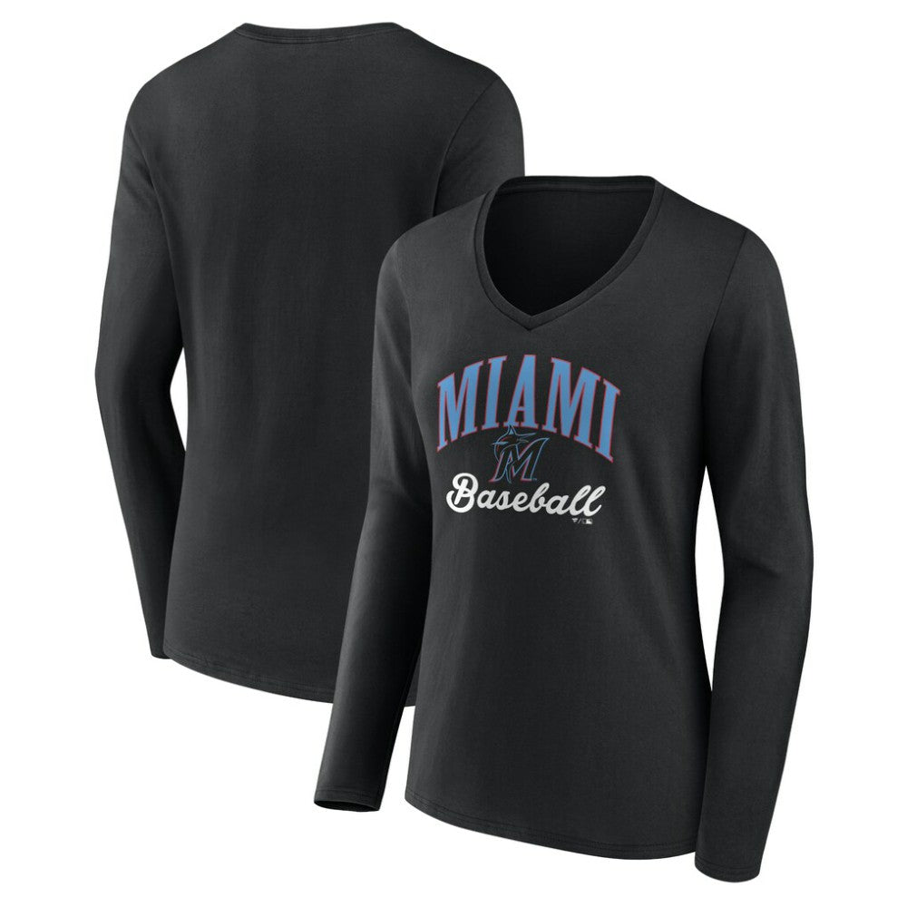 Miami Marlins Women's Victory Script Long Sleeve V-Neck T-Shirt Black