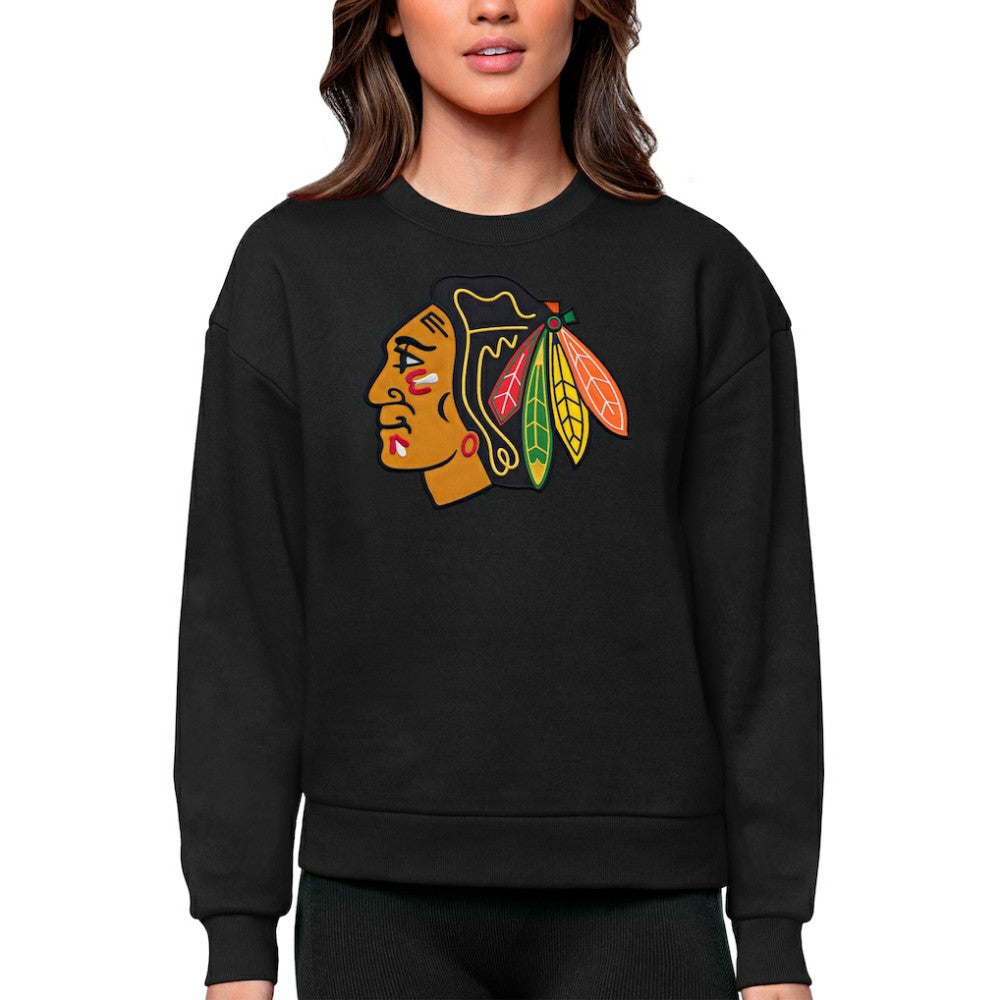 Chicago Blackhawks Antigua Women's Team Logo Victory Crewneck Pullover Sweatshirt Black