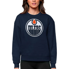 Edmonton Oilers Antigua Women's Team Logo Victory Crewneck Pullover Sweatshirt Navy