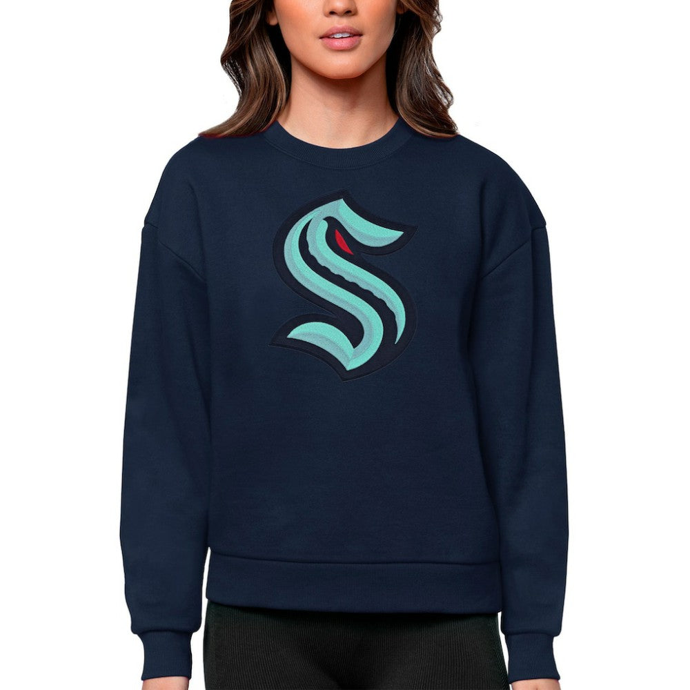 Seattle Kraken Antigua Women's Team Logo Victory Crewneck Pullover Sweatshirt Navy
