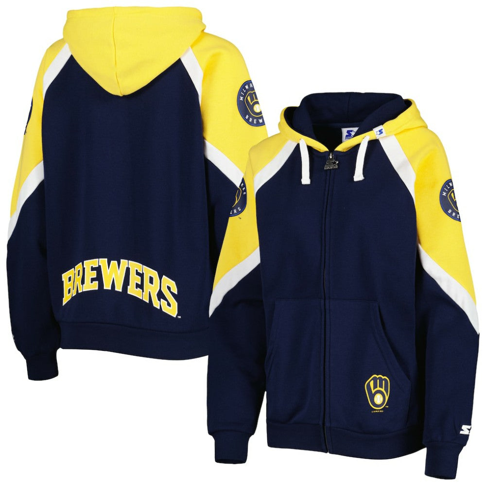 Milwaukee Brewers Starter Women's Hail Mary Full-Zip Hoodie Navy/Gold