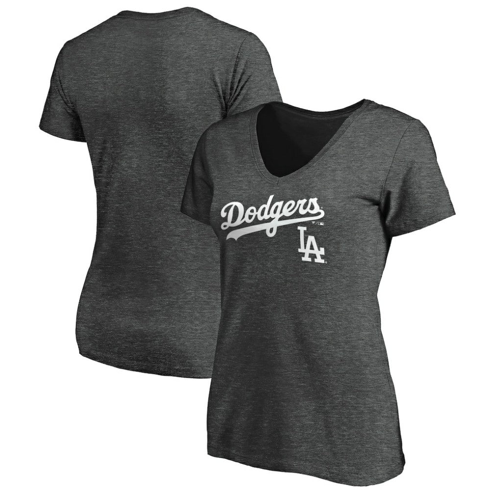 Los Angeles Dodgers Women's Team Lockup V-Neck T-Shirt Charcoal