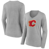 Calgary Flames Women's Primary Logo Team Long Sleeve V-Neck T-Shirt Heather Gray