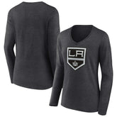 Los Angeles Kings Women's Primary Team Logo Long Sleeve V-Neck T-Shirt Heather Charcoal