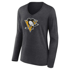 Pittsburgh Penguins Women's Primary Team Logo Long Sleeve V-Neck T-Shirt Heather Charcoal