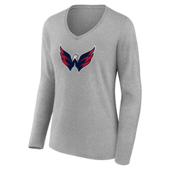 Washington Capitals Women's Primary Logo Team Long Sleeve V-Neck T-Shirt Heather Gray