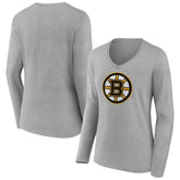 Boston Bruins Women's Primary Logo Team Long Sleeve V-Neck T-Shirt Heather Gray