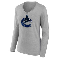 Vancouver Canucks Women's Primary Logo Team Long Sleeve V-Neck T-Shirt Heather Gray