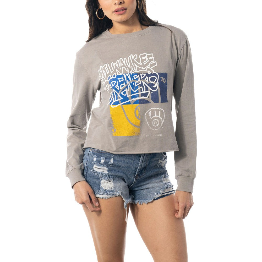 Milwaukee Brewers The Wild Collective Women's Cropped Long Sleeve T-Shirt Gray