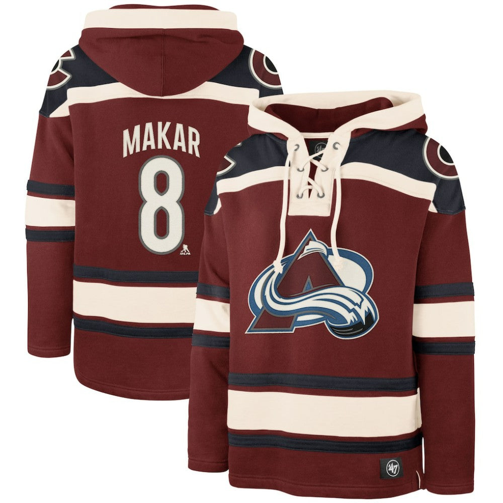 Cale Makar Colorado Avalanche '47 Player Name & Number Lacer Pullover Hoodie Burgundy