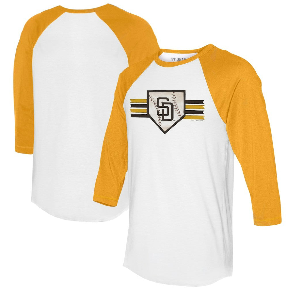 San Diego Padres Tiny Turnip Women's Base Stripe 3/4-Sleeve Raglan T-Shirt White/Gold