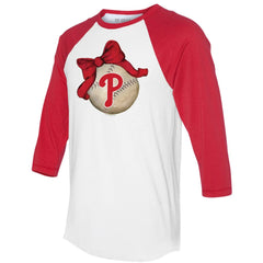 Philadelphia Phillies Tiny Turnip Women's Baseball Bow 3/4-Sleeve Raglan T-Shirt White/Red