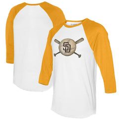 San Diego Padres Tiny Turnip Women's Baseball Cross Bats 3/4-Sleeve Raglan T-Shirt White/Gold
