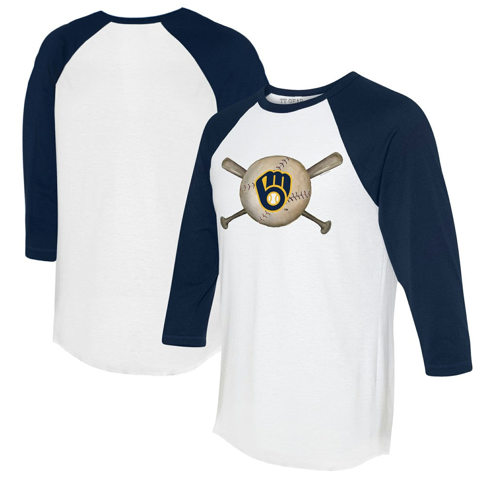 Milwaukee Brewers Tiny Turnip Women's Baseball Cross Bats 3/4-Sleeve Raglan T-Shirt White/Navy