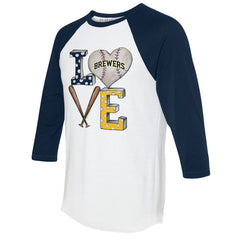 Milwaukee Brewers Tiny Turnip Women's Baseball Love Raglan 3/4-Sleeve T-Shirt White/Navy